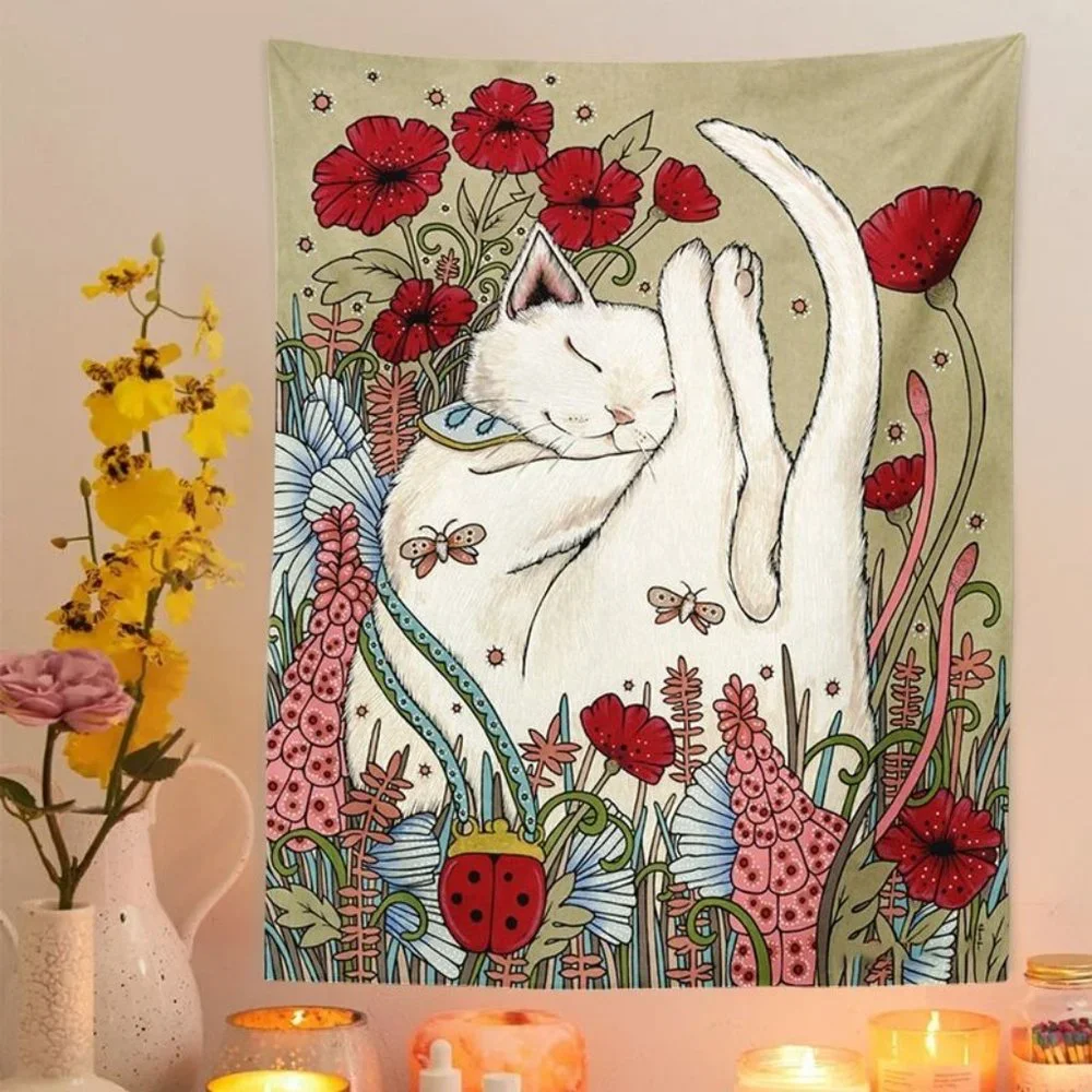 Sleeping Cute Cat Botanical Garden Flowers Tapestry Nature Lady Bug Plants Boho
